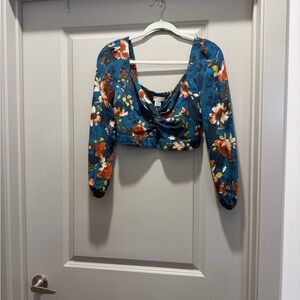 Teal Floral Long-Sleeve Cropped Blouse